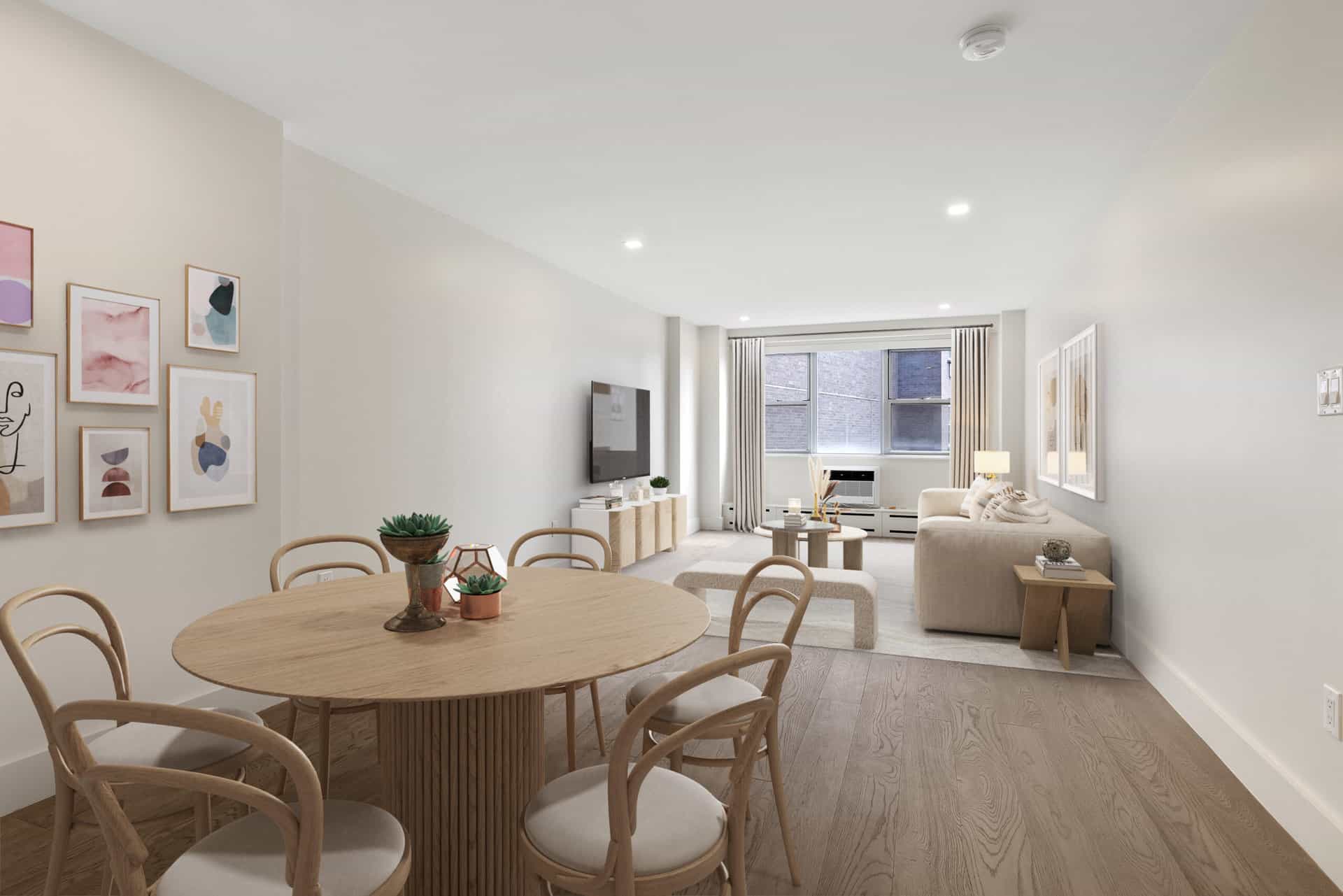 Dining room and living room with hardwood floors, furniture and large open window in 60 East 12th St apartment.