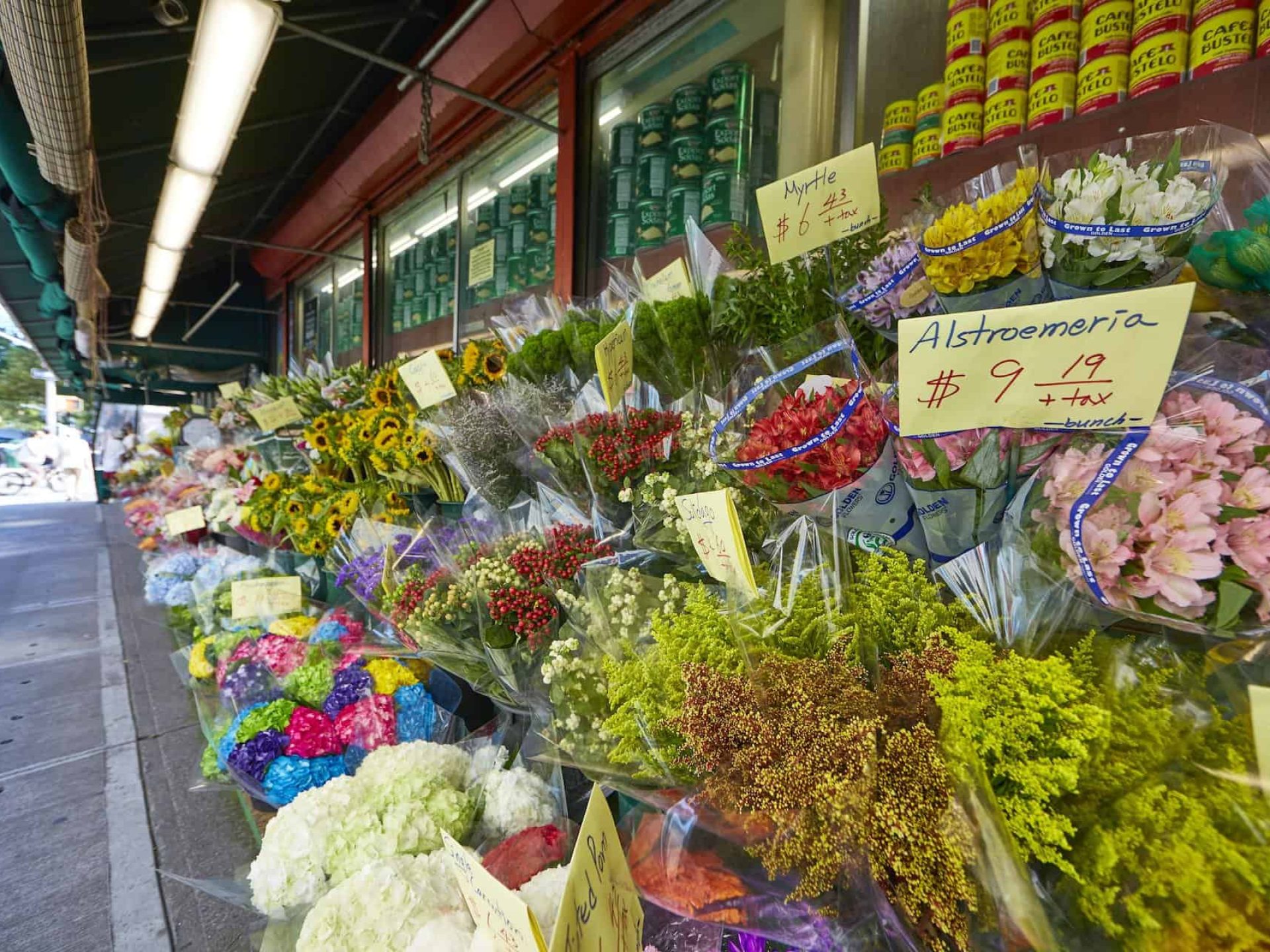 Tiered flower display outside a market in New York City. Four rows of flowers with flower names and pricing on yellow tags.