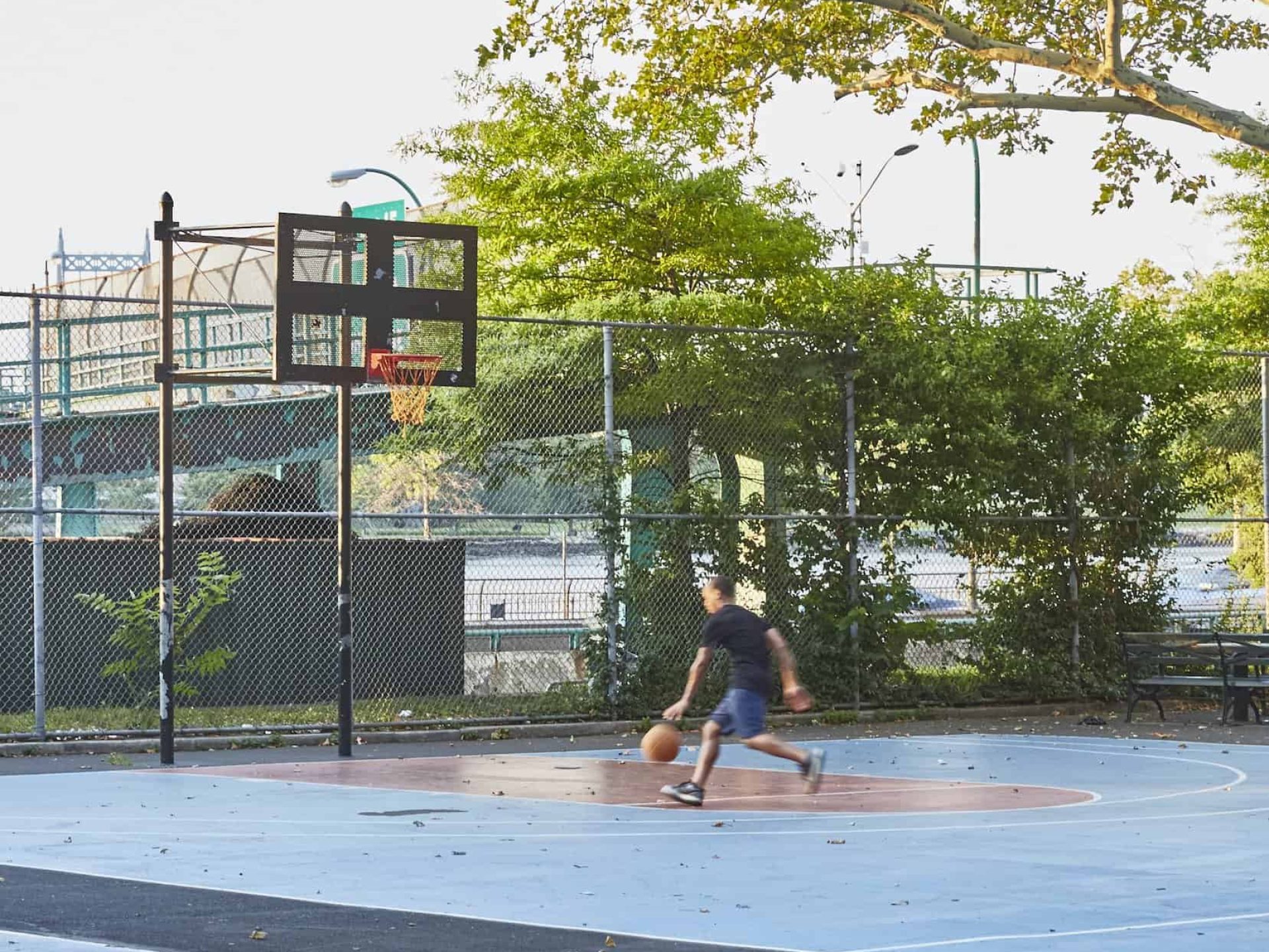 A man dribbling a basketball on a park basketball court. Fenced in basketball court with trees and walkway in the background.